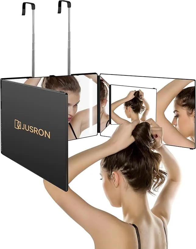 JUSRON 360 Viewing Angle Self Hair Cutting Mirror, Clear Anti-Fog HD Glass, USB Rechargeable, Easy to Use, Height Adjustable, Portable, Good Choice for Gifts