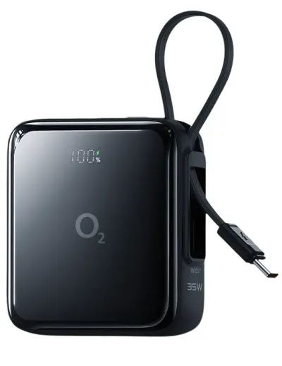 O2 powerbanka 10 000 mAh 35W s vestavěným kabelem, černá