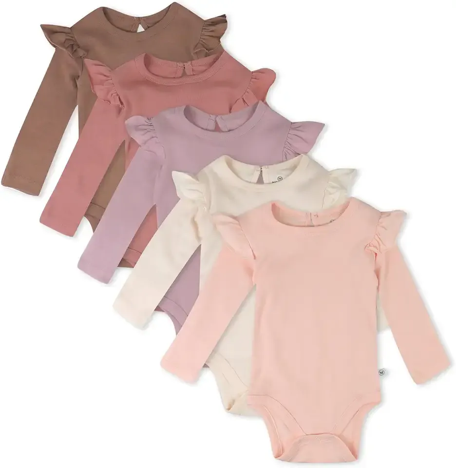 Baby Girls' 5-pack Long Sleeve Ruffle Shoulder Bodysuits 100% Organic Cotton for Infant Baby Girls