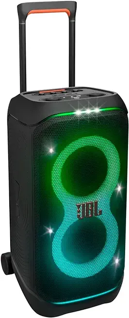 JBL PartyBox Stage 320 - Portable Party Speaker with Telescopic Handle & Wide, Sturdy Wheels, Powerful JBL Pro Sound, Futuristic lightshow, Up to 18 Hours of Play time, Splash Proof (Black)