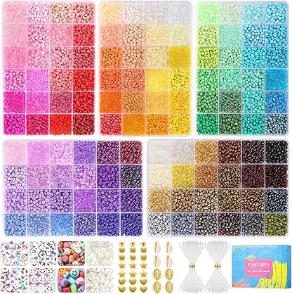 Funtopia 4mm 13000pcs+ Seed Beads for Jewelry Making, 120 Colors Small Glass Beads for Bracelets, Friendship Bracelet Kit with Alphabet Letter Bead Smile Face Bead for DIY, Art and Craft Funtopia 4mm 13000pcs+ Seed Beads for Jewelry Making, 12…