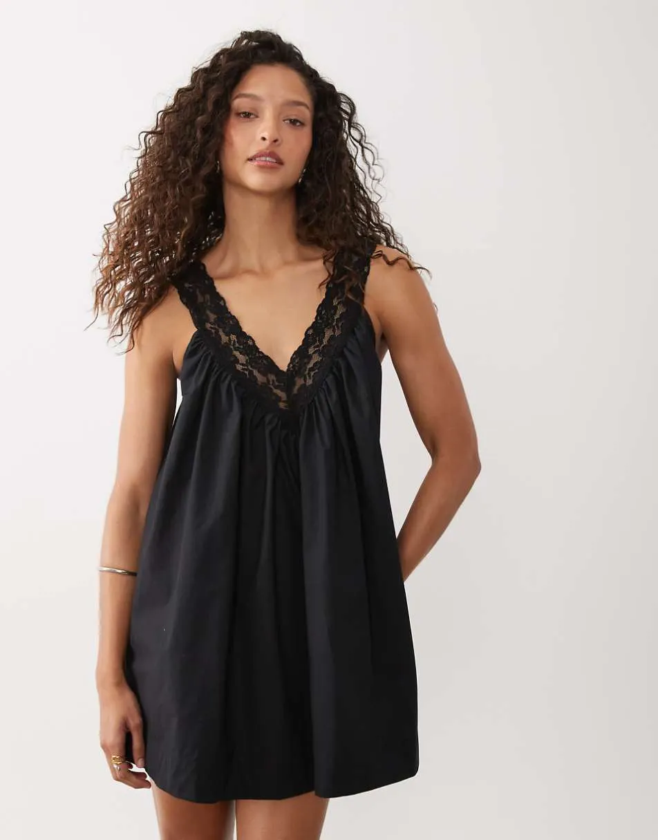 ASOS DESIGN v neck smock poplin mini sundress with lace overlay in black