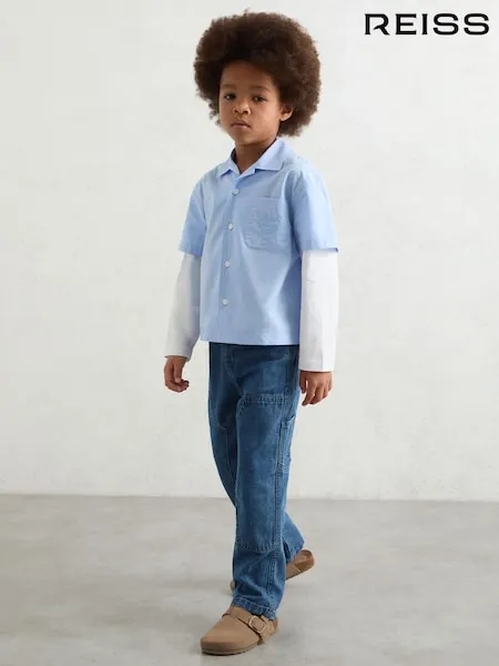 Reiss Blue/White Grayson 9-13 yrs Cotton Motor Cars Dual-Sleeve Shirt