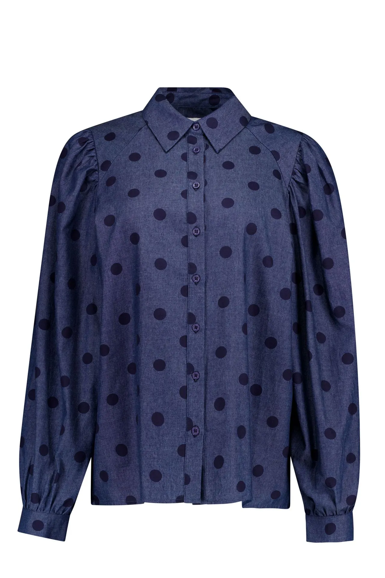 Blauwe denim blouse met polkadots