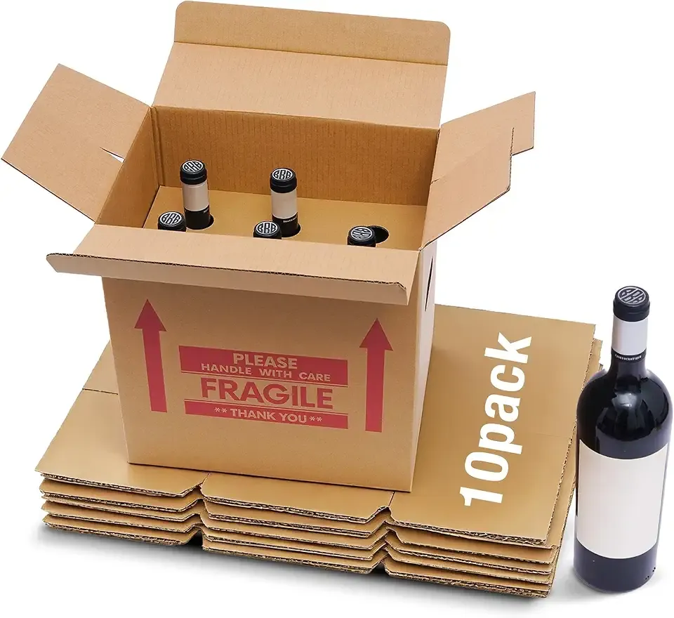 Xfzzrsdf 10 Pack 6 Bottles Wine Boxes for Moving - Wine Shipping Box Kitchen Moving Storage Carrier with Reinforced Cardboard and Handles for Glassware Dishes Travel (14 x 9 x 13 Inch)