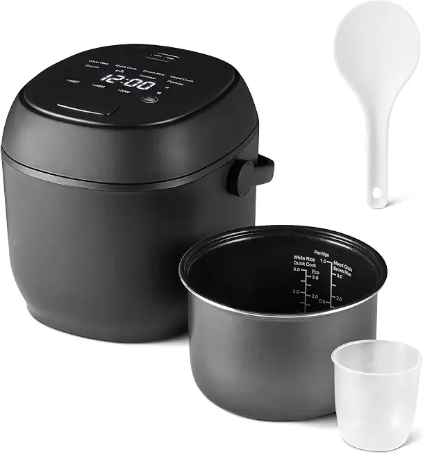 Amazon Basics Rice Cooker Small 3-Cup Uncooked 6-Cup Cooked, Micom With Fuzzy Logic, Ceramic Non-Stick Coating, Auto Keep Warm, Locking Lid, Black