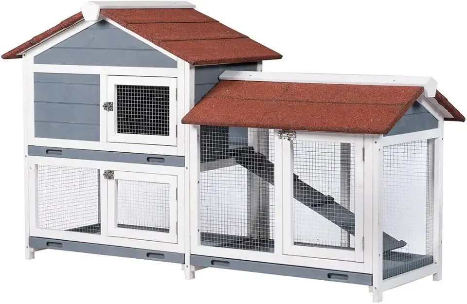 GDLF 62" Rabbit Hutch, Bunny Hutch Indoor Outdoor with Ramp, Cleaning Tray | 62"L x 21"W x 37"H, 2-Level Wooden Design with Stairs, Removable Cleaning Tray, Spacious Area for Rabbits & Small Animals