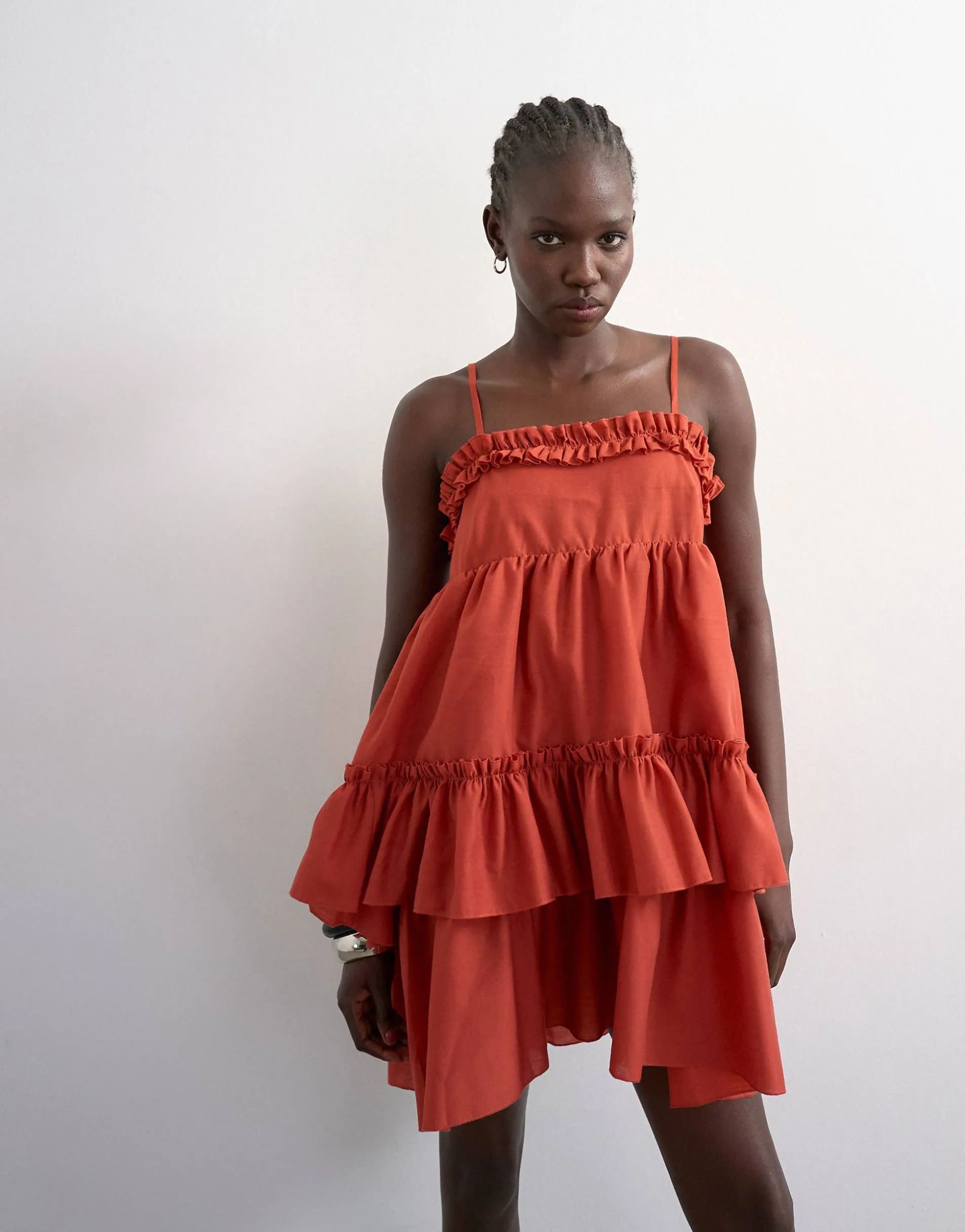 Topshop voluminous frill midi dress in rust