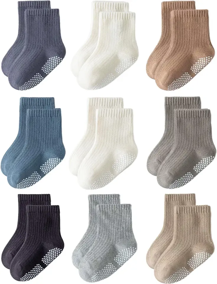 Toddler Grip Socks Non Slip Crew Socks Cute Seamless Cotton Socks for Baby Boys Girls Infants Kids 9 Pairs