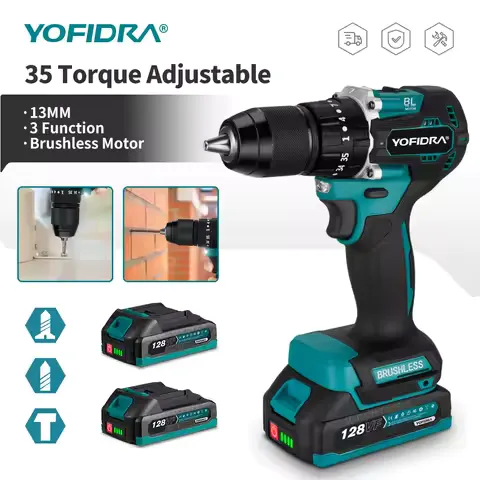 YOFIDRA 13MM Brushless Electric Impact Drill 35+3 Torque Cordless Woodworking Screwdriver Power Tool For Makita Battery Pin