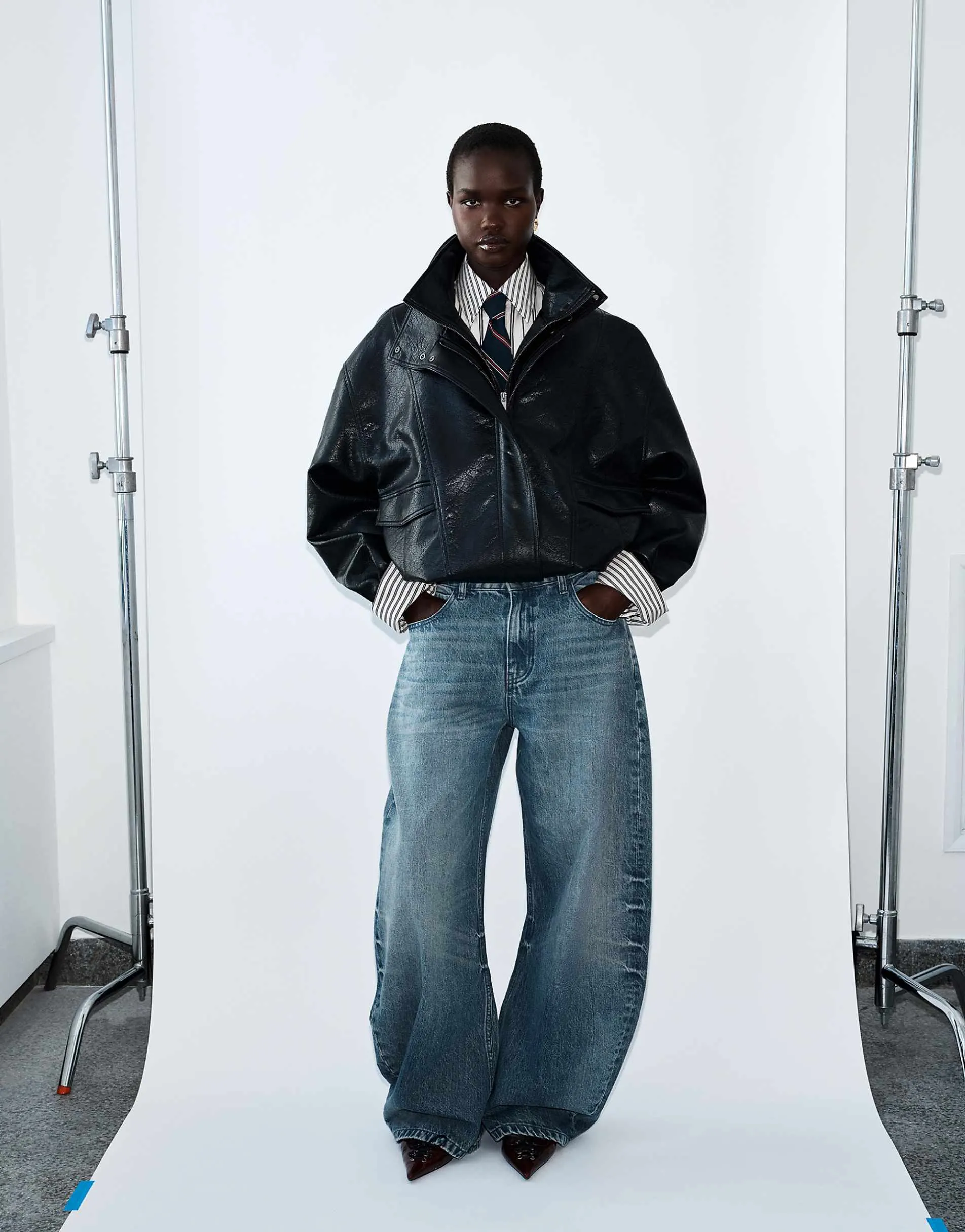 ASOS DESIGN funnel oversized leather look bomber in black