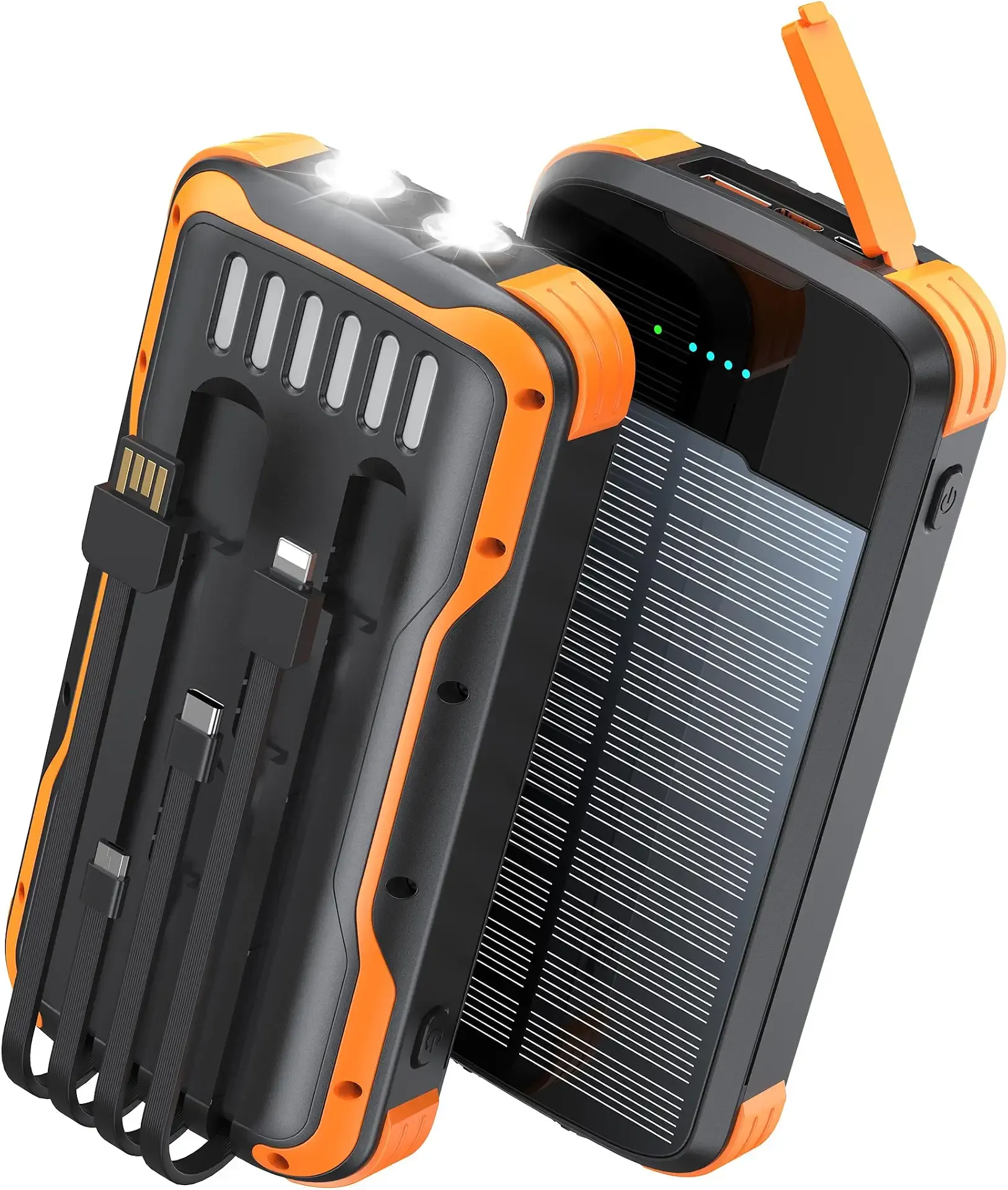 Solar Power Bank 40000mAh PD20W Fast Charging Portable Solar Charger | Built-in 4 Cables, 3 Ports, Dual Bright Flashlight, External Battery Pack for Camping, Hiking, and Outdoor Use, Orange