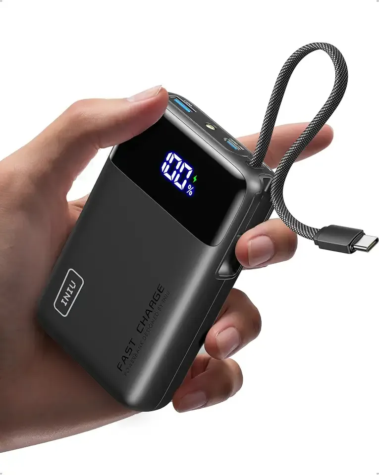 INIU Portable Charger, Smaller 45W Fast Charging Power Bank, 20000mAh Black | Flight-Safe, Built in USB-C Cable, Travel Essentials, Battery Phone Pack for iPhone 17 16 15 Pro, Samsung S26 S25, iPad etc