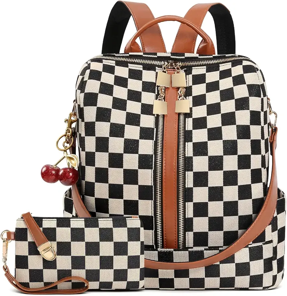 Small Backpack Purse for Women Checkered Back Pack Purses Ladies Backpack Handbags with Cherry Pendant Work Travel