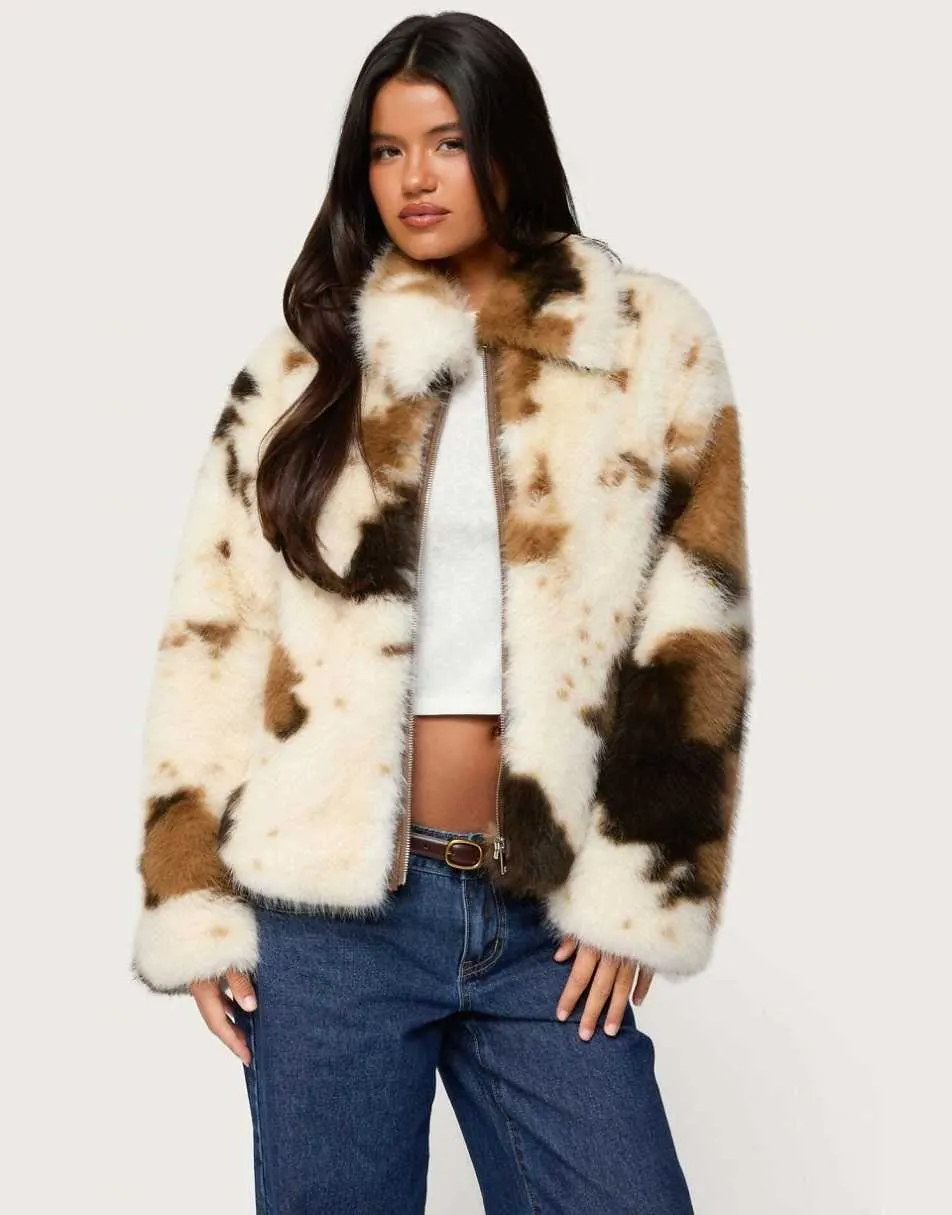 Edikted Rayan cow print faux fur jacket in mix