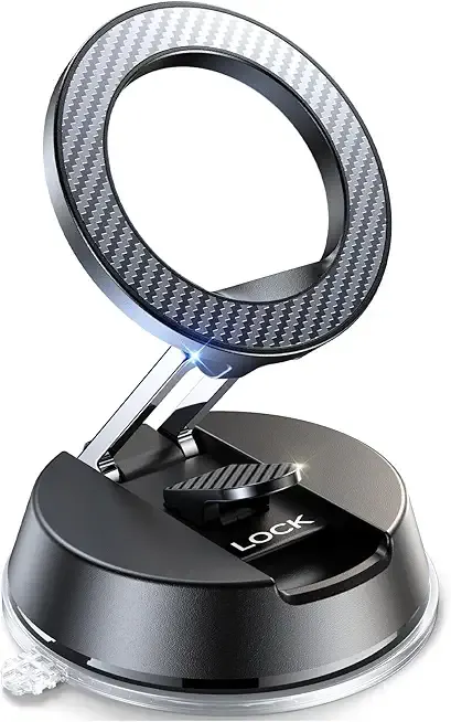 NeverFall Car Phone Holder for MagSafe [78+LBS Ultra Grip | 2400gf Magnetic Power] 360° Foldable Car Mount Cell Phone Holders for Your Car for iPhone 17-12 All Smartphones, Carbon Fiber, with Base Pad