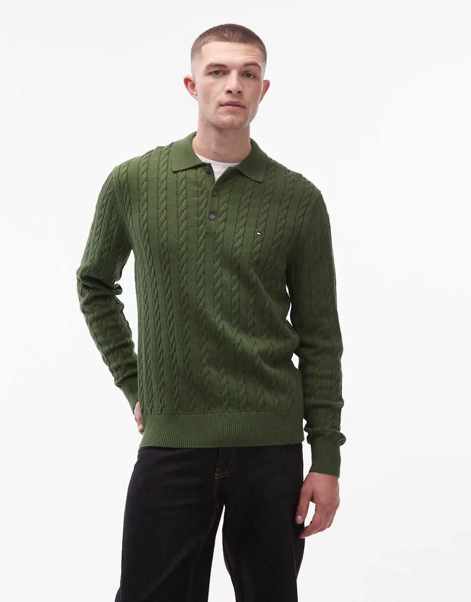 Tommy Hilfiger cable knit long sleeve polo in army green