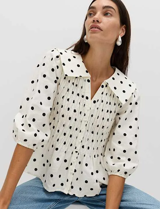 Gemusterte Bluse mit hohem Leinenanteil und Raffung