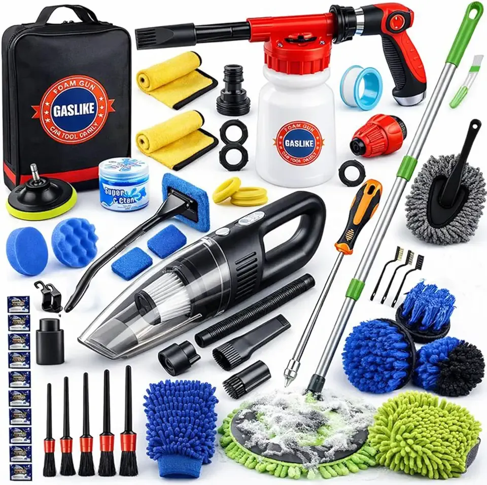 GASLIKE 63PCS Car Wash Cleaning Kit,Car Wash Brush with Long Handle,Car Detailing Kit with Foam Gun,Car Cleaning Supplies,Handheld Vacuum, Car Detailing Kit (63PCS)