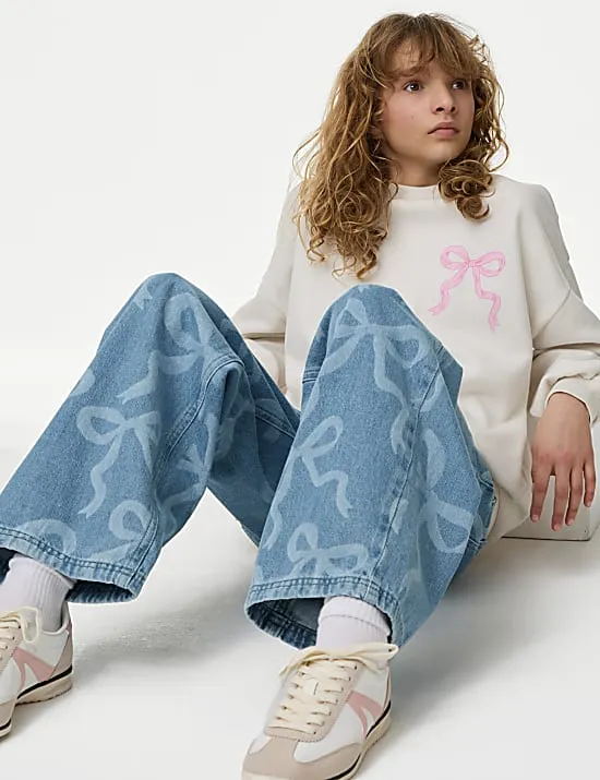 Denim-Jeans mit weitem Bein mit Schleifenmuster (6–16 J.)