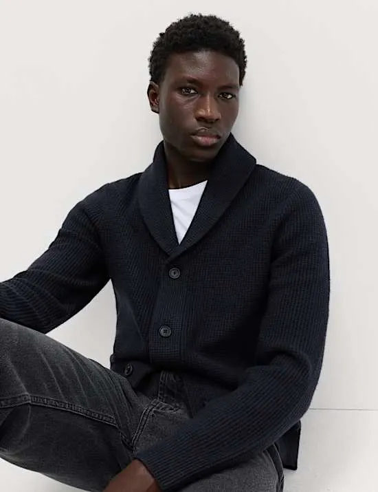 Air-Yarn Waffle Knit Shawl Neck Cardigan