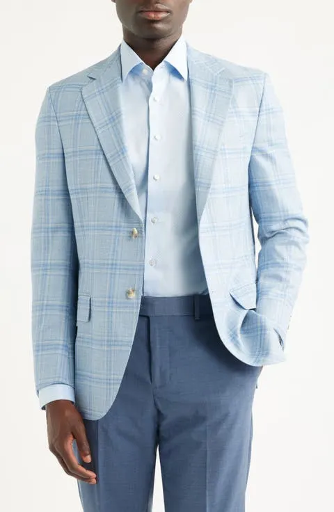 Hyperlight Soft Light Blue Plaid Wool & Silk Blend Sport Coat