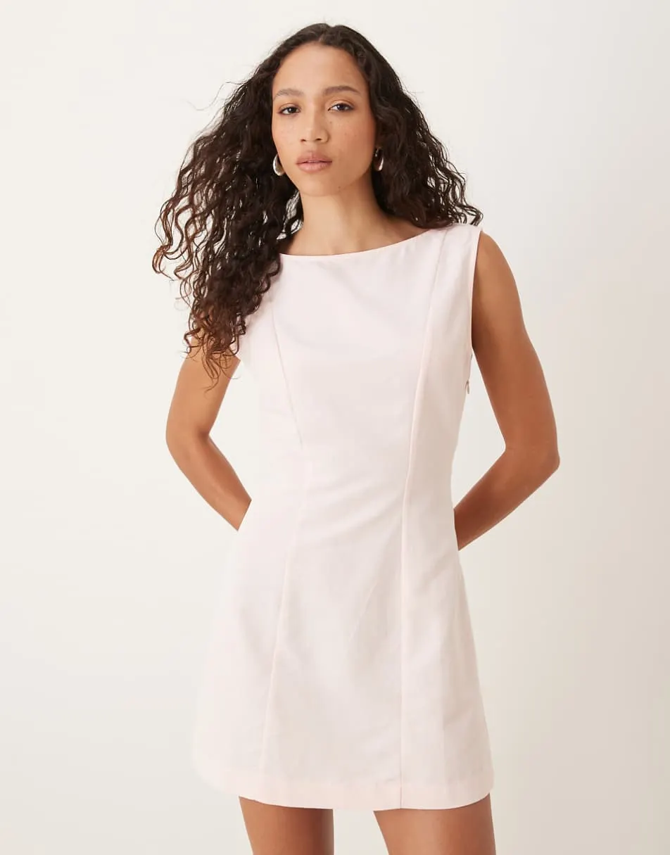 ASOS DESIGN linen blend slash neck mini dress in pink