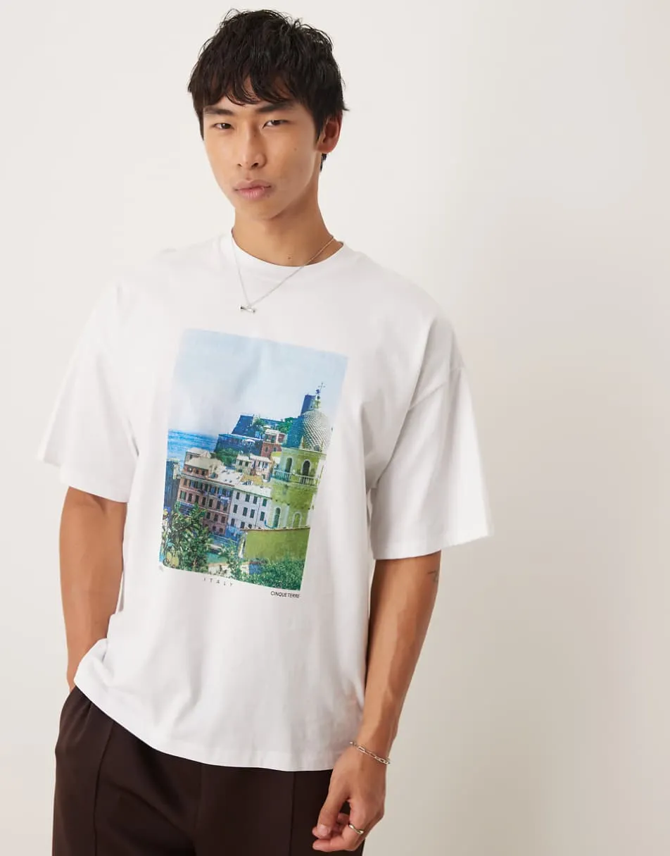 Selected oversized t-shirt with front scene print in white