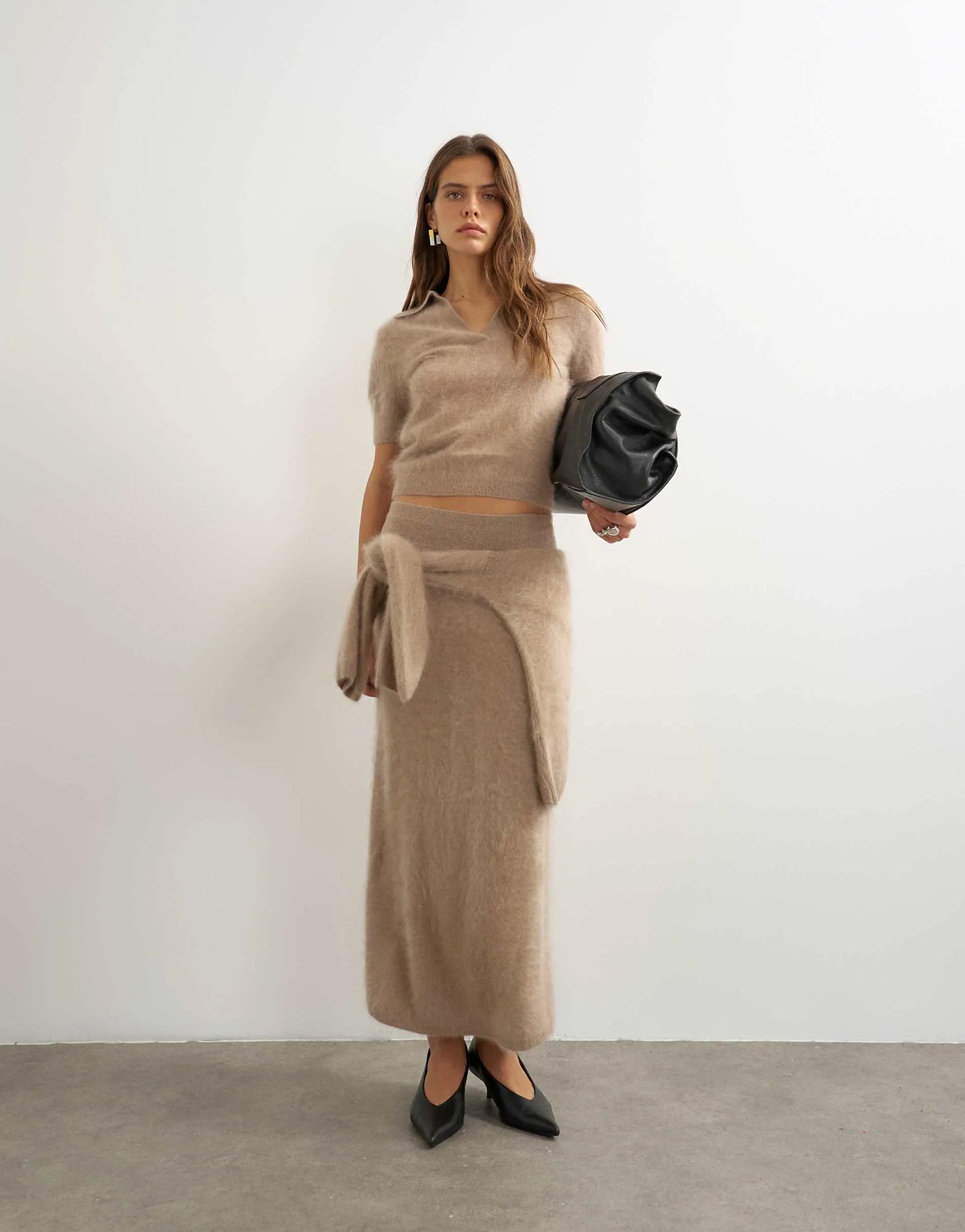 Topshop knitted mix and match brushed pure cashmere premium maxi skirt in neutral