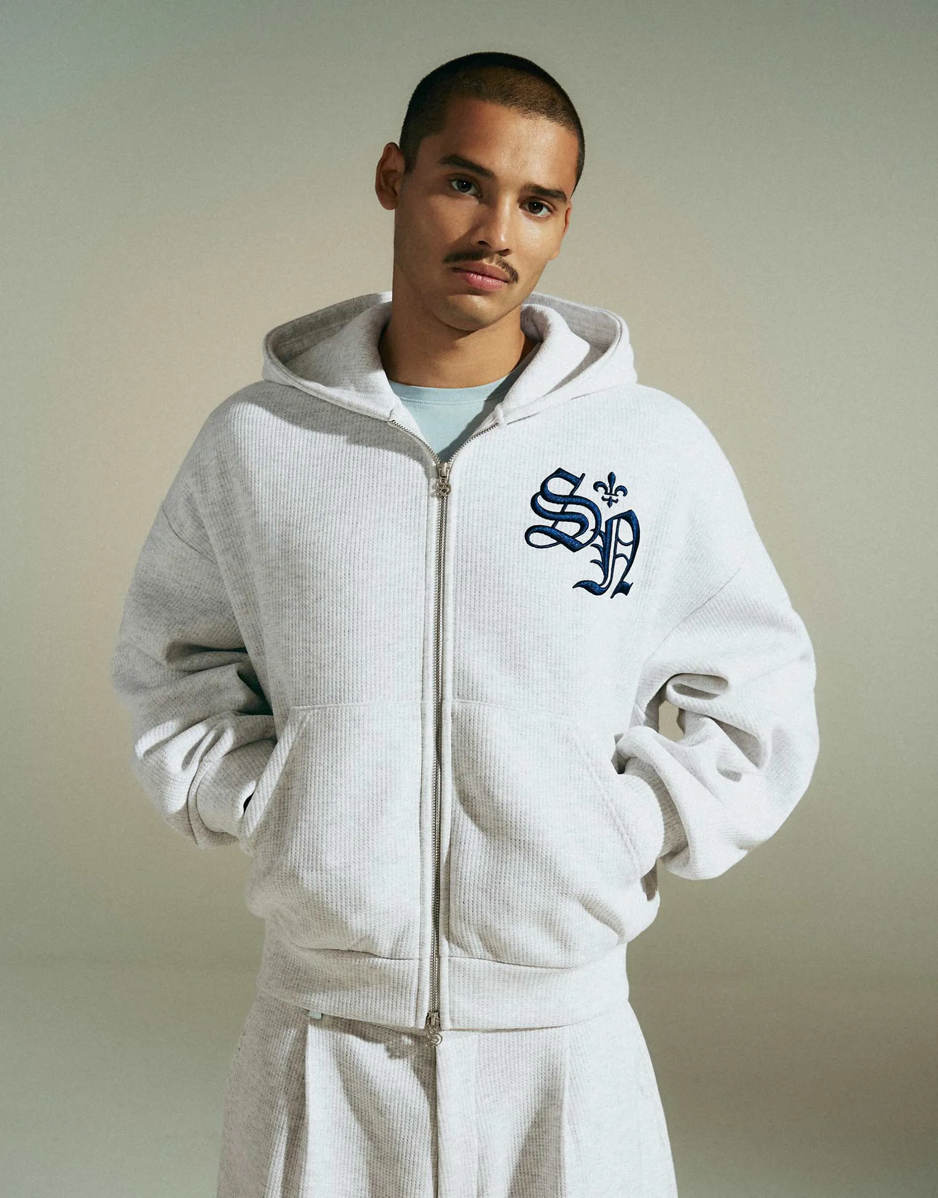 Bershka Embroidered waffle-knit hoodie in light grey