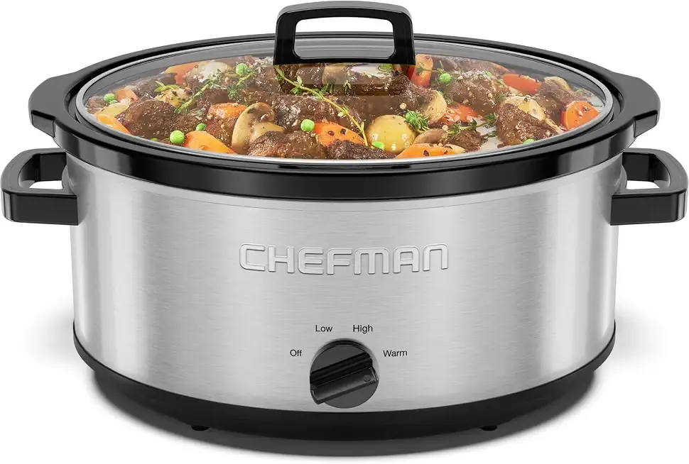 Chefman Slow Cooker 7 Quart, Large Family Size Slow Cooker with Low, High & Warm Settings, Removable Ceramic Crock, Tempered Glass Lid, Dishwasher-Safe for Easy Cleanup, Stainless Steel