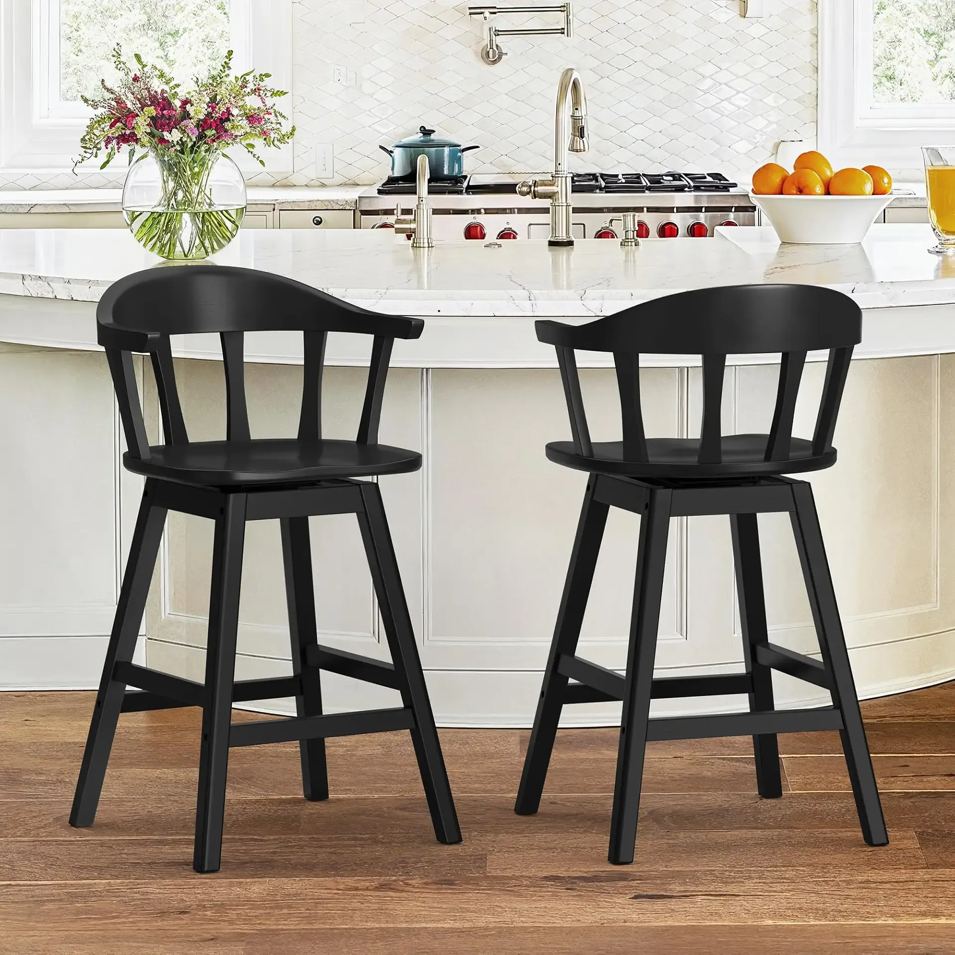 LUE BONA Wooden Swivel Bar Stools Set of 2, Windsor Black Barstools with Semicircular Backrest, Farmhouse Counter Stools, Mid Century Counter Height Bar Stools for Kitchen Island