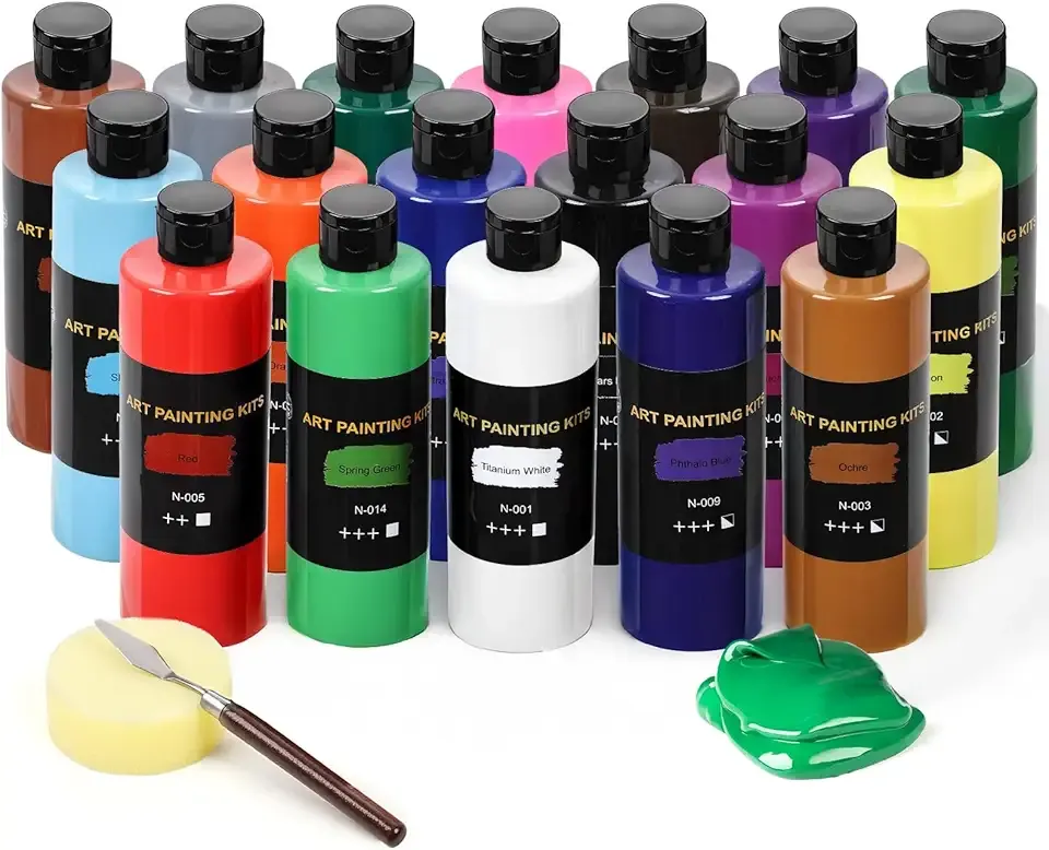 Color More 18 Colors Acrylic Paint Set (250 ml/8.45 oz Large Bottles), Non-Toxic for Kids & Adults, Acrylic Paint Bulk on Wood, Glass, Ceramic, Art Painting Supplies with Palette Knife & Art Sponge