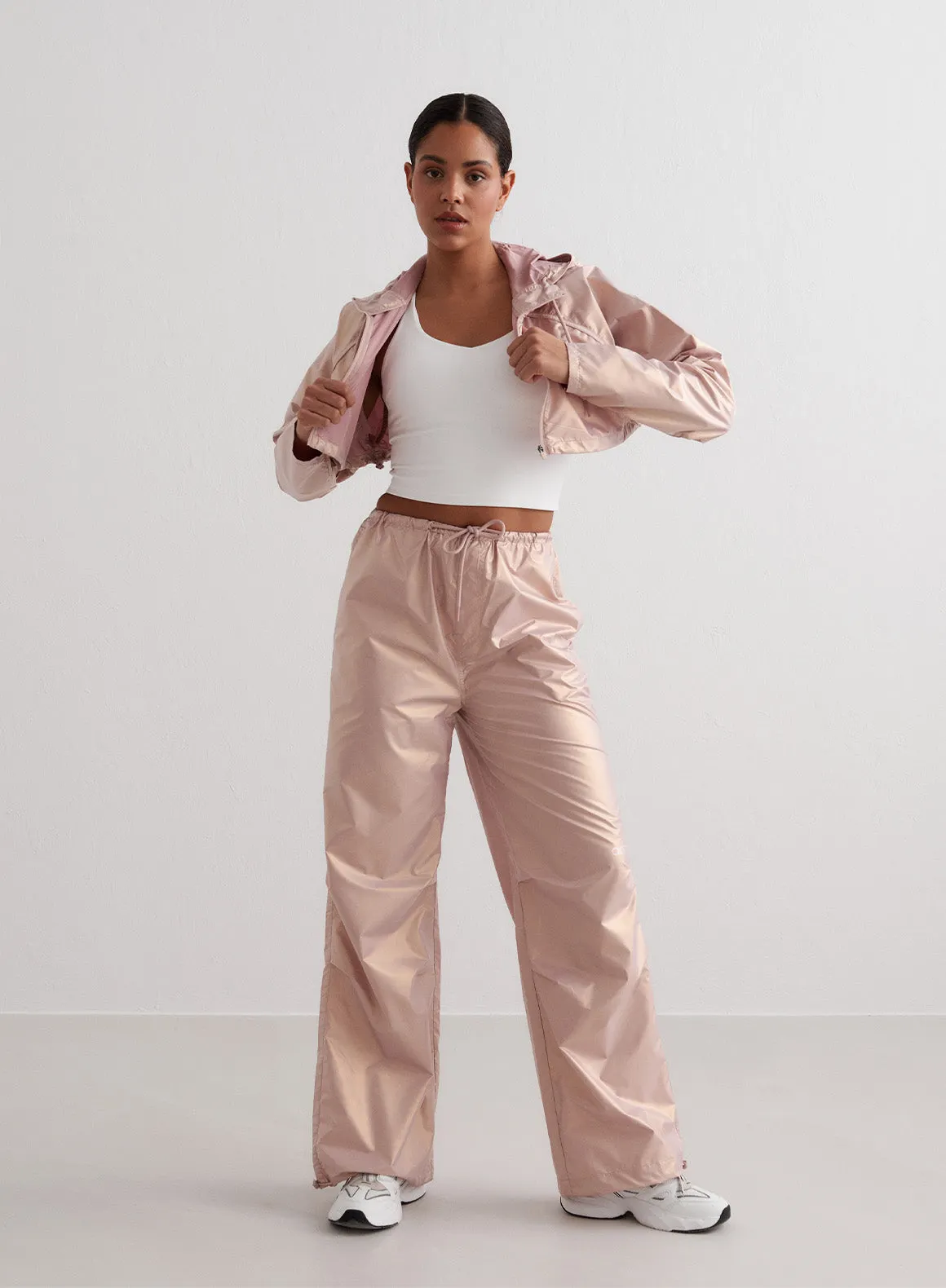 Rosé Metallic Plain Parachute Pants