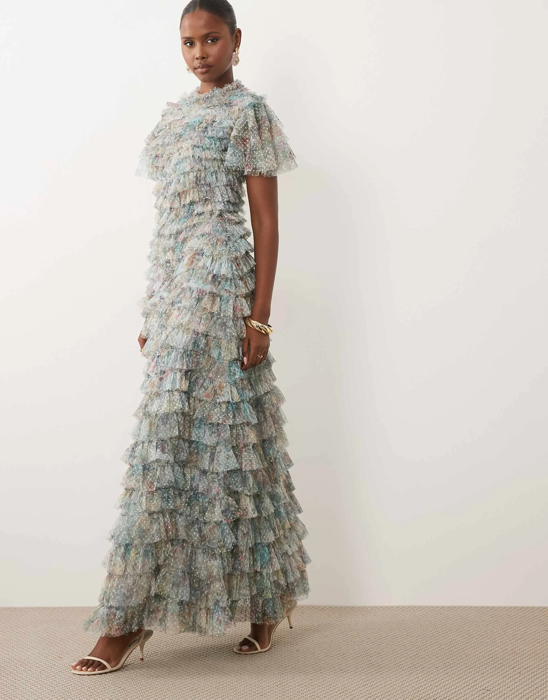Beauut ruffle tiered flutter sleeve volume maxi dress in multi