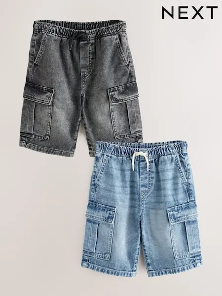 Grey/Mid Blue 100% Cotton Denim Cargo Shorts 2 Pack (3-16yrs)