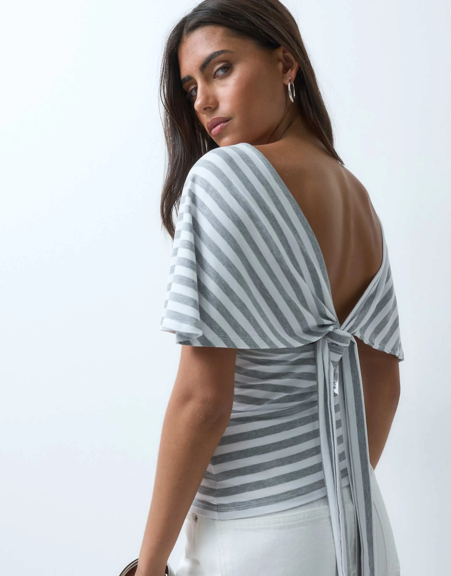 ASOS DESIGN plunge sleeveless tie back cinch top in grey and white stripe