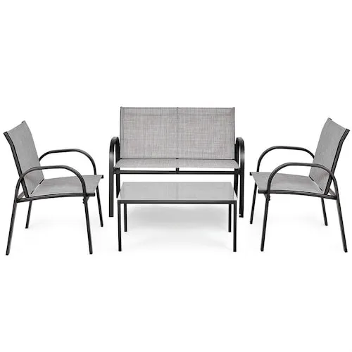 4 PCS Patio Furniture Set Sofa Coffee Table Steel Frame Garden Deck Gray