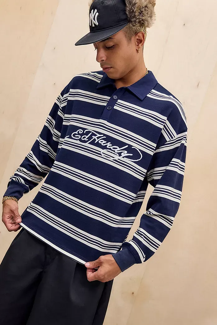 Ed Hardy Polo a Maniche Lunghe a Righe Blu Navy Esclusiva UO