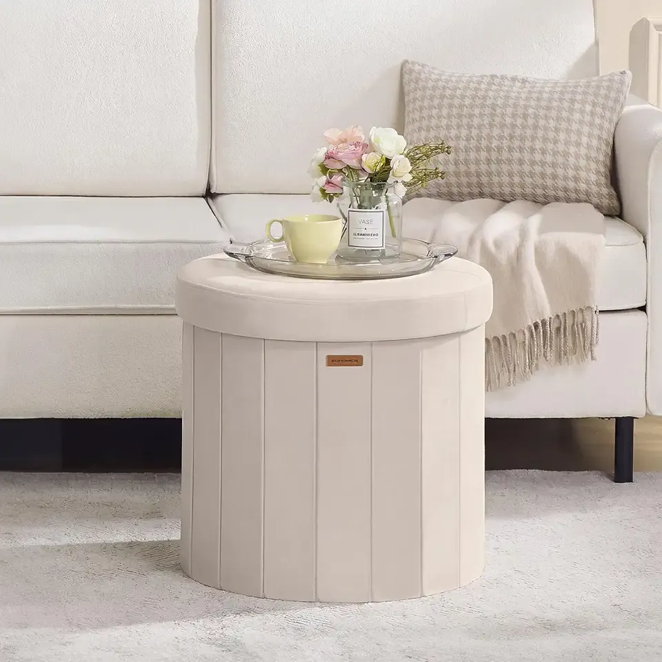 Mazie Collection - Round Storage Ottoman, Folding Footrest Stool with Removable Lid, Easy Assembly, Velvet Vanity Stool for Bedroom, Living Room, Entryway, Cappuccino Beige ULSF608L01