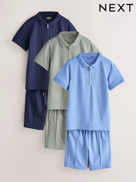 Light Blue/Navy/Khaki Short Sleeve Polo Shirt and Shorts Set 3 Pack (3-16yrs)