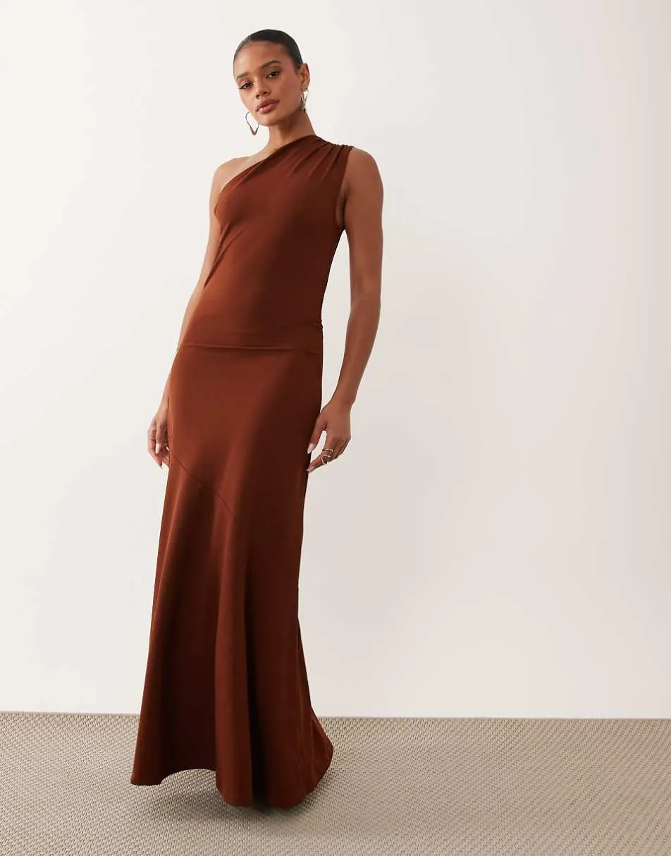 Vila one shoulder slinky midi dress in light brown
