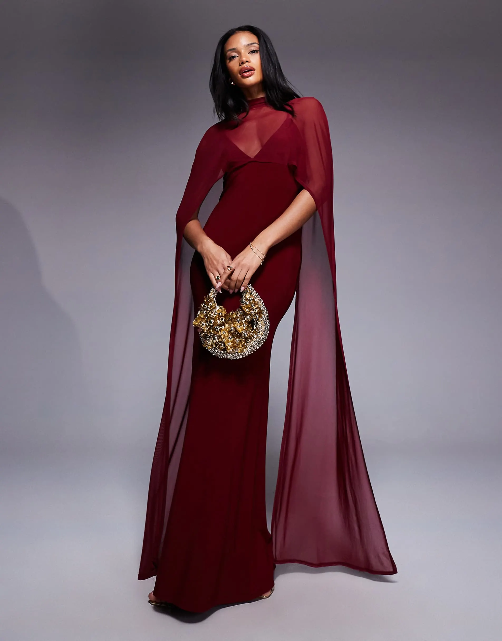 ASOS DESIGN exaggerated cape maxi dress in burgundy