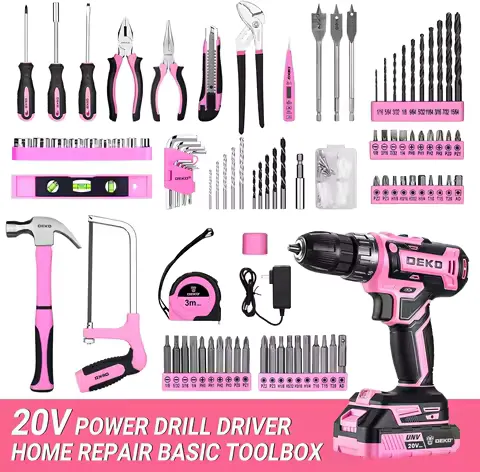 DEKO Pink Drill Tool Kit Set: 20V Cordless Power Drill Tool Box with Battery Electric Drill Driver
