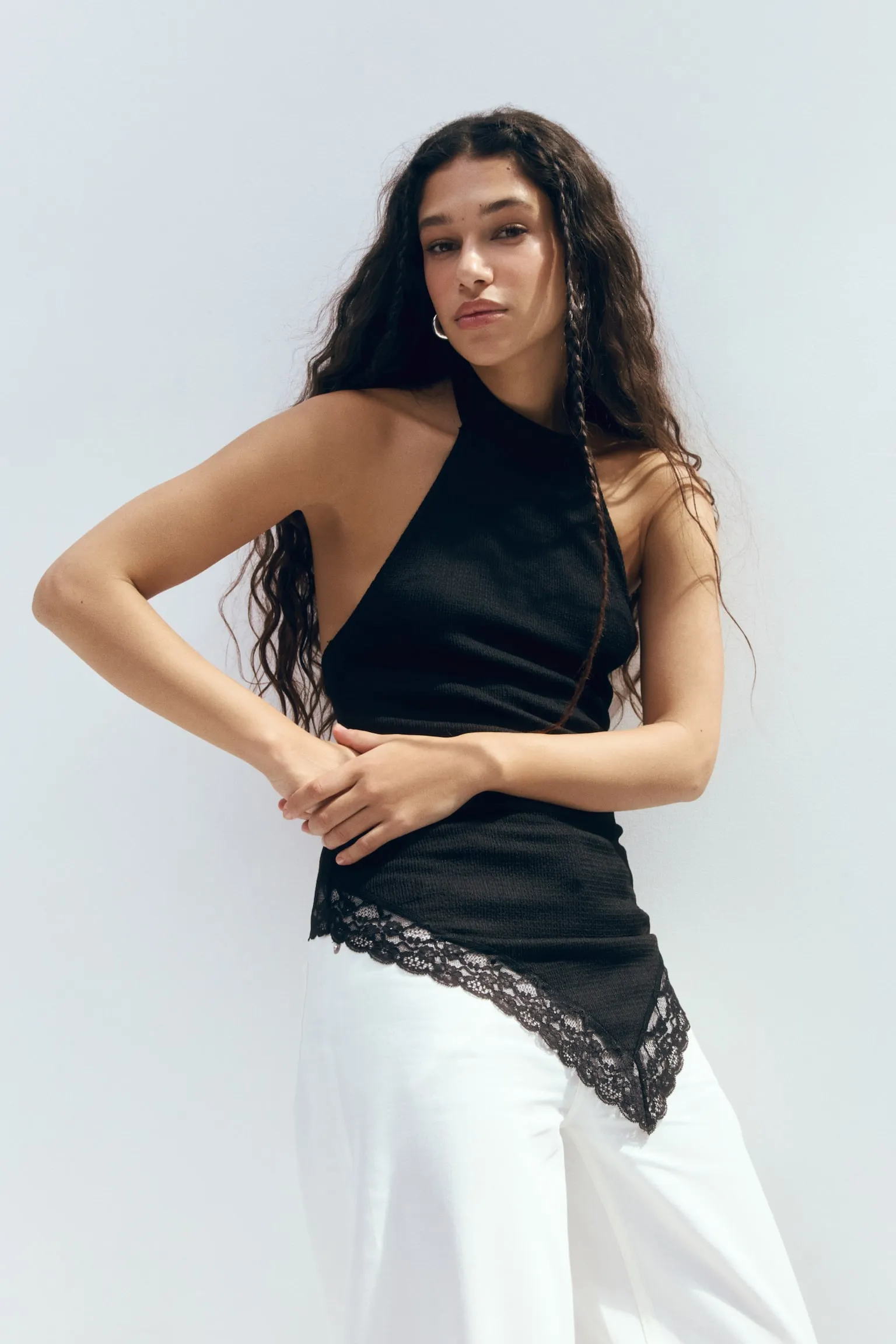 Lace-trimmed halterneck top