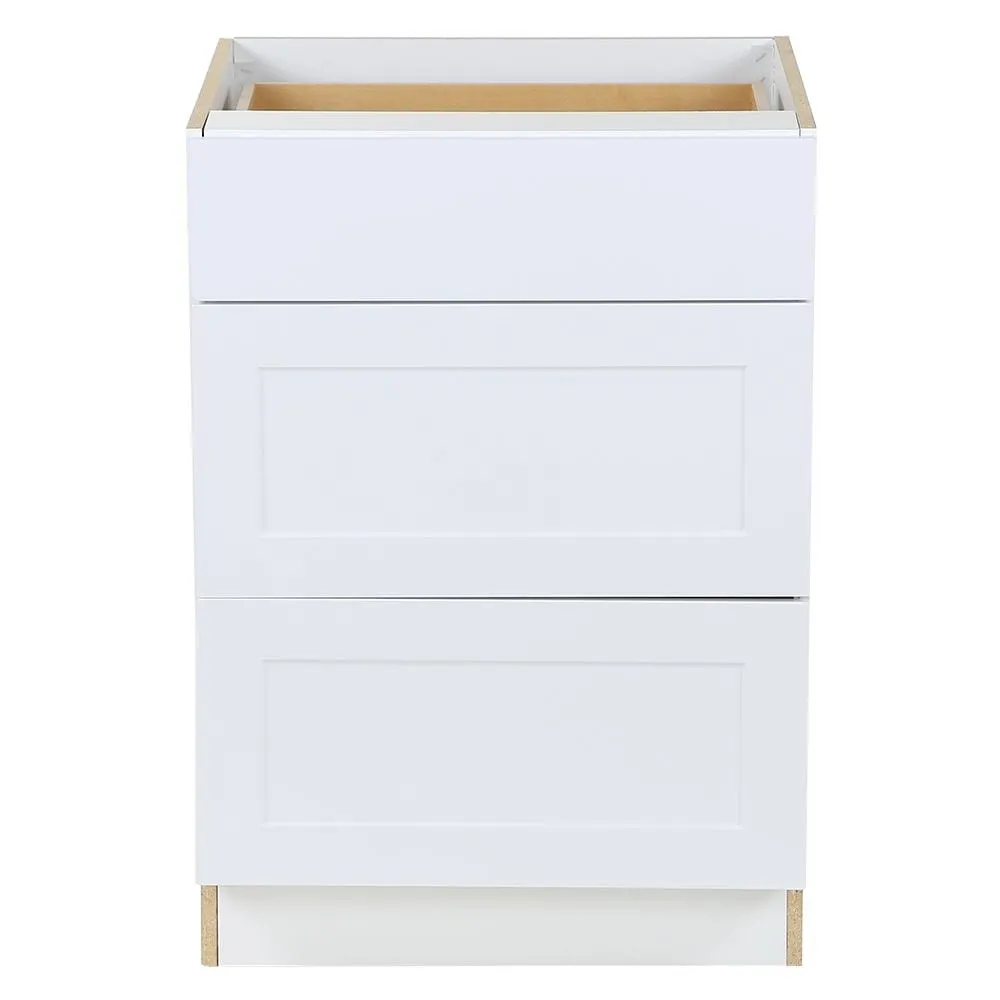 Hampton Bay Edson 24-inch W x 34.5-inch H x 24.5-inch D Shaker Style Assembled Kitchen Base Cabinet/Cupboard in Solid White with 3 Soft Close Drawers (BD243V)