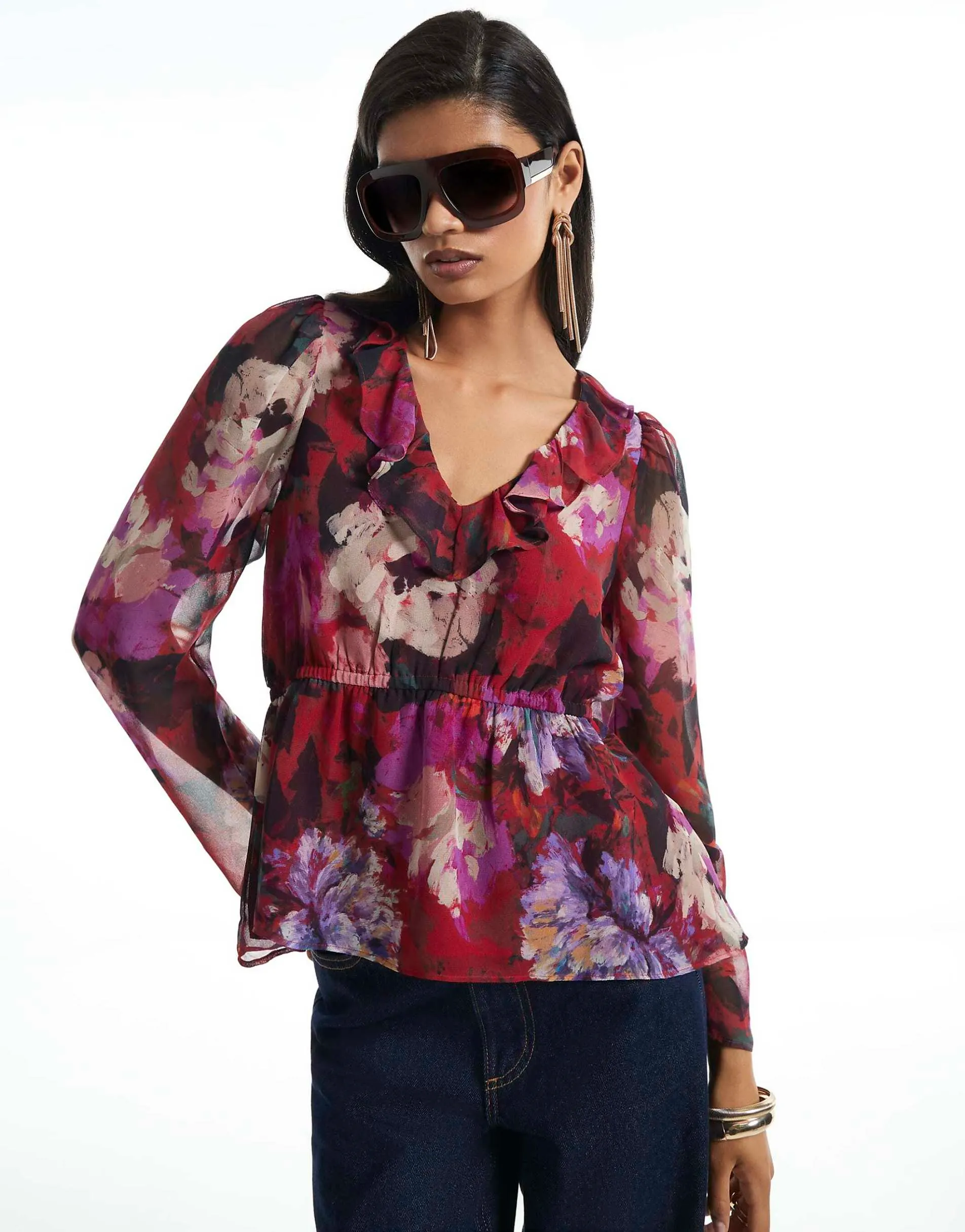 River Island Floral printed ruffle blouse in rust