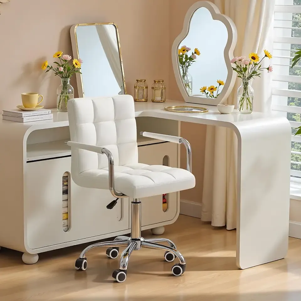Mid-Back Office Task Chair Ribbed PU Leather Executive Chair Modern Adjustable Home Desk Retro Comfortable Work Chair 360 Degree Swivel with Arms (White)