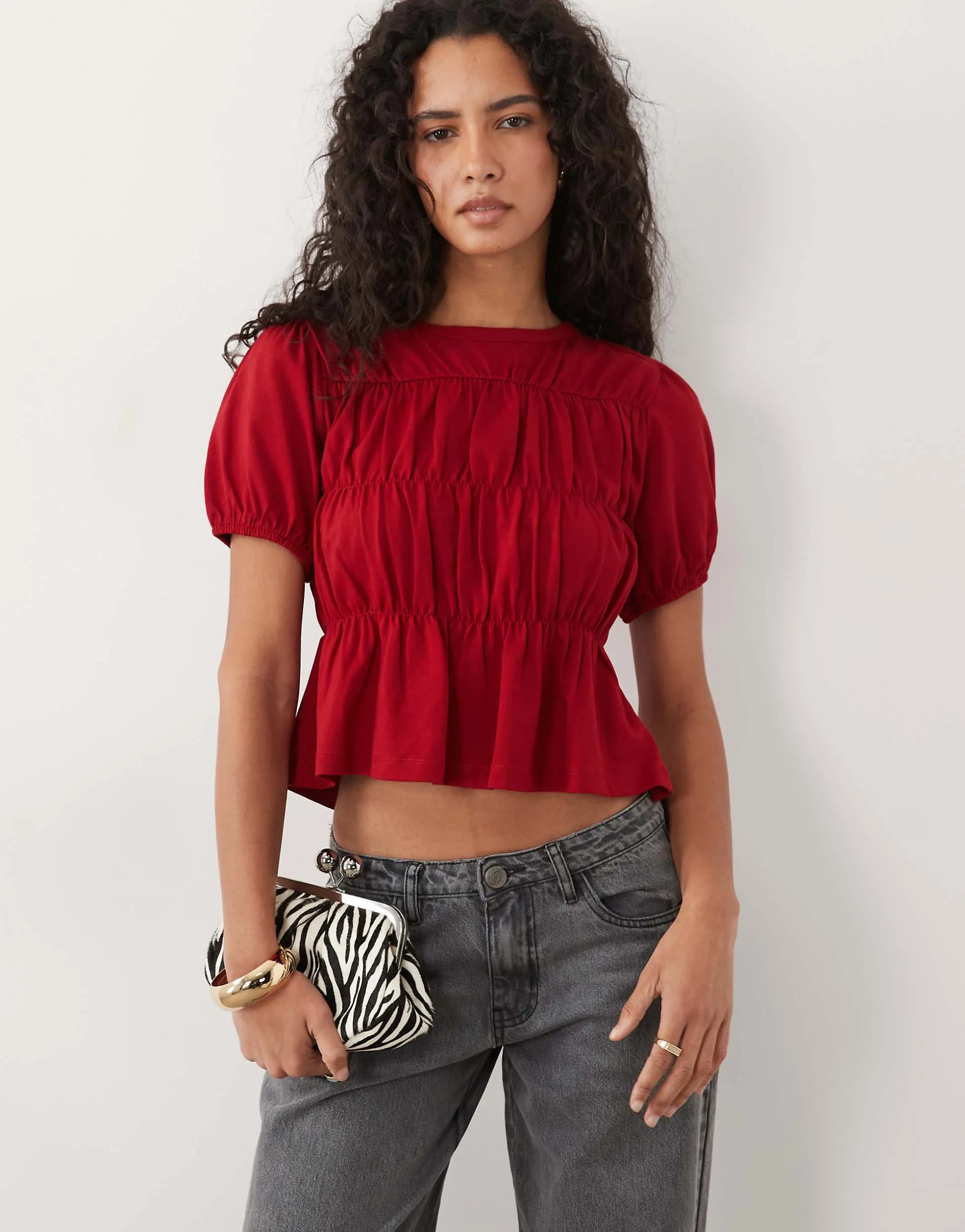 Miss Selfridge shirred peplum top in red