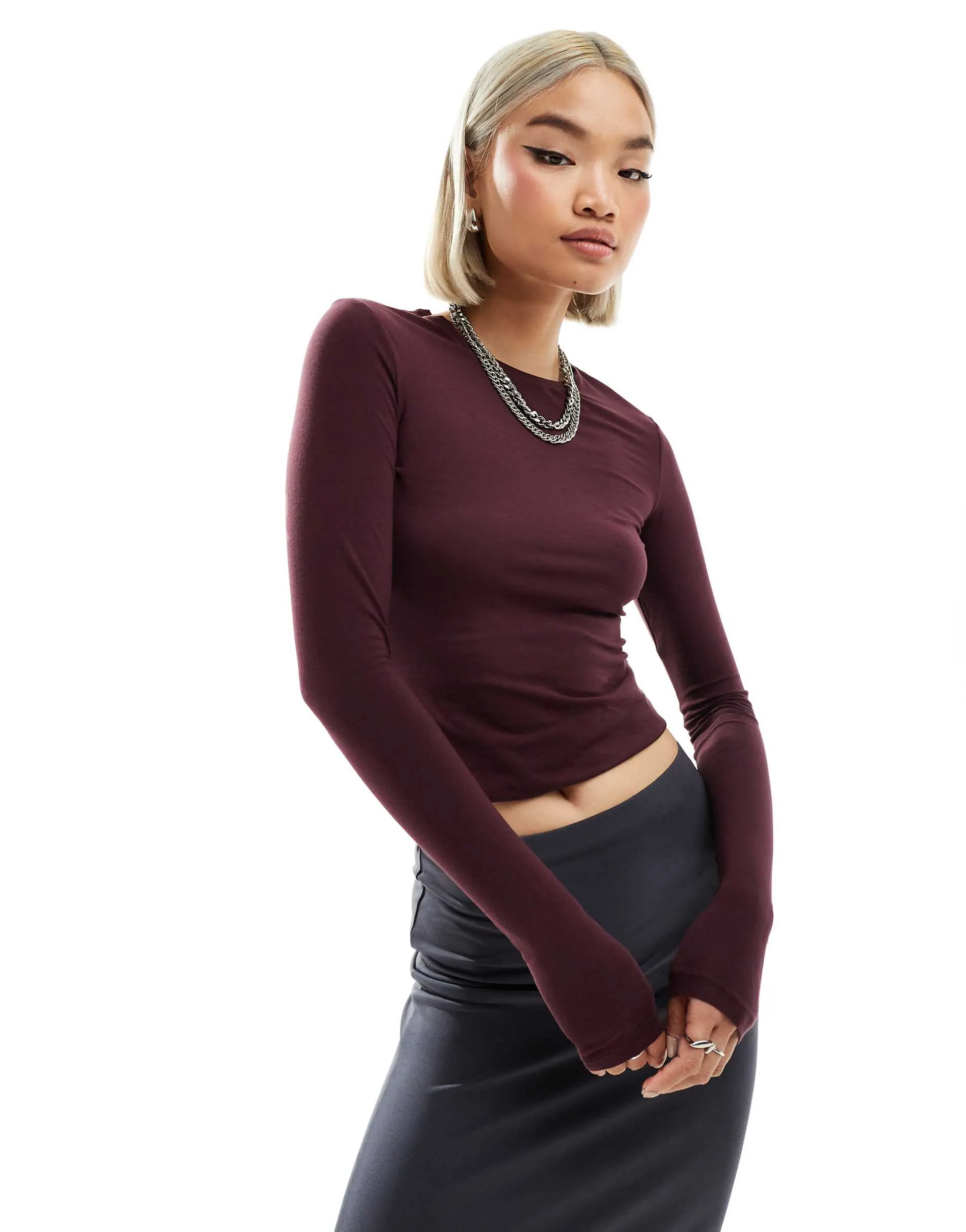 Weekday slim fit long sleeve t-shirt in burgundy exclusive to ASOS